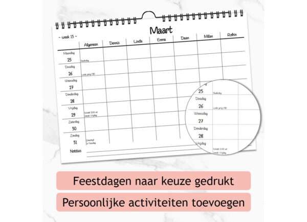 Gepersonaliseerde familieplanner met feestdagen en eigen activiteiten toevoegen