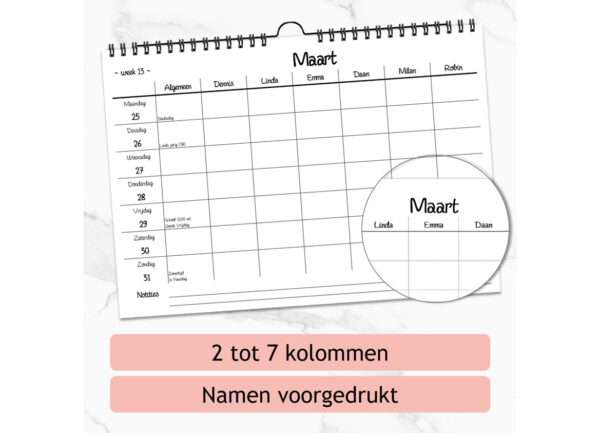 Gepersonaliseerde familieplanner met namen voorgedrukt voor 2 personen, 3 personen, 4 personen, 5 personen, 6 personen of 7 personen